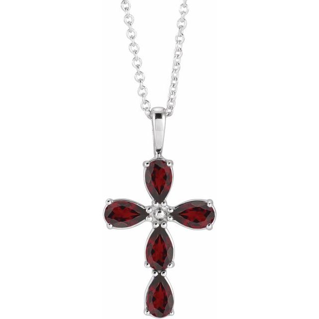 14k-white-natural-mozambique-garnet-cross-16-18"-necklace