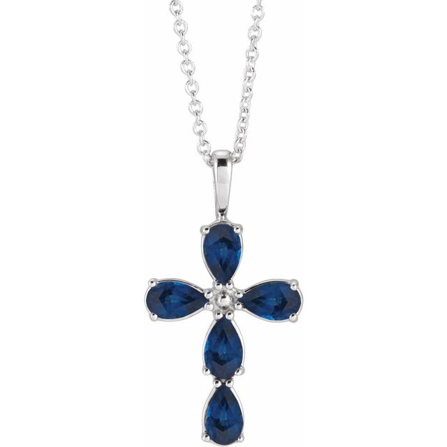 14k-white-lab-grown-blue-sapphire-cross-16-18"-necklace