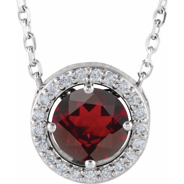 14k-white-natural-mozambique-garnet-&-.05-ctw-natural-diamond-halo-style-16"-necklace