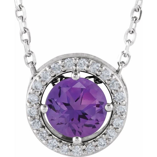 14k-white-natural-amethyst-&-.05-ctw-natural-diamond-halo-style-16"-necklace