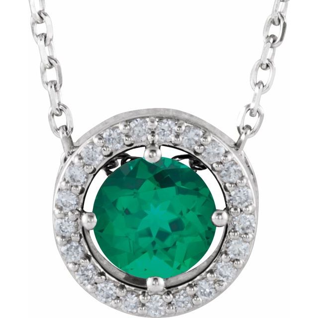 14k-white-lab-grown-emerald-&-.05-ctw-natural-diamond-halo-style-16"-necklace