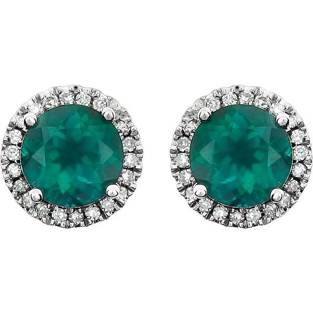 14k-white-lab-grown-emerald-&-1/8-ctw-natural-diamond-earrings