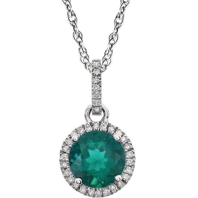 14k-white-lab-grown-emerald-&-1/10-ctw-natural-diamond-18"-necklace
