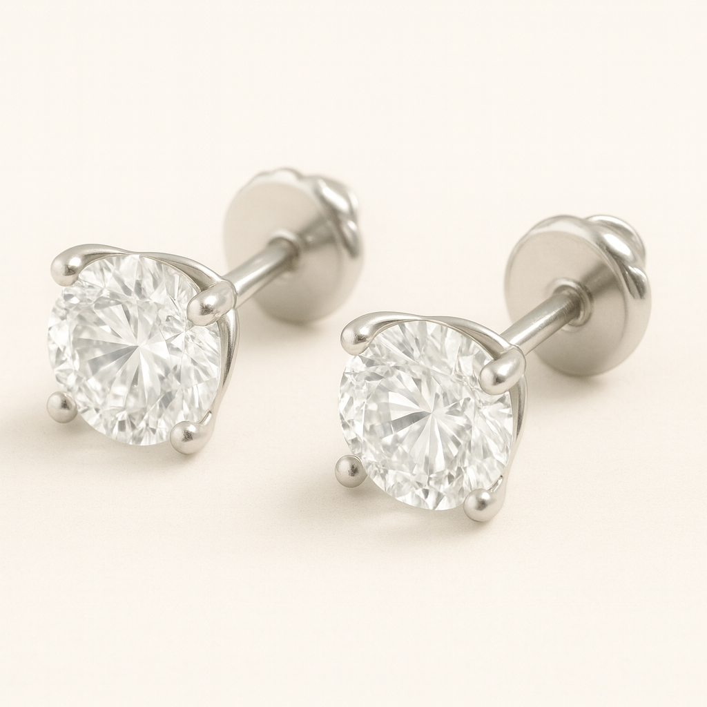 14K White Gold Basket Set - Pushback 1.5ct Diamond Stud Earrings