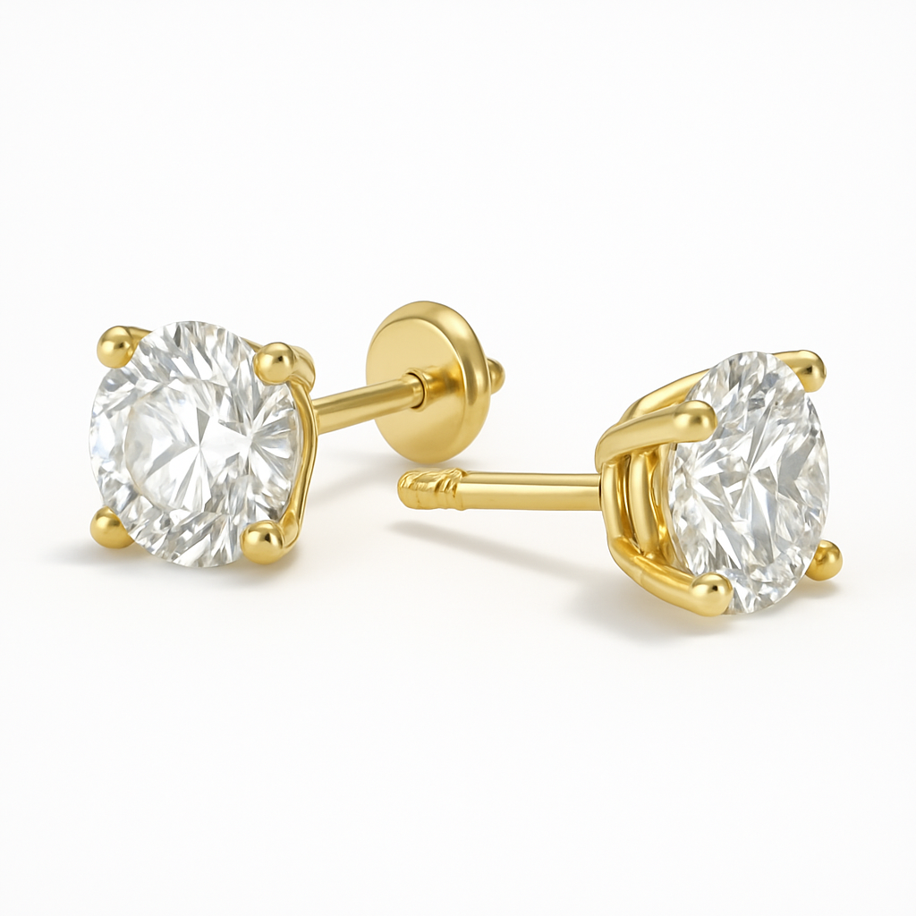 14K Yellow Gold Basket Set - Pushback 3ct Diamond Stud Earrings
