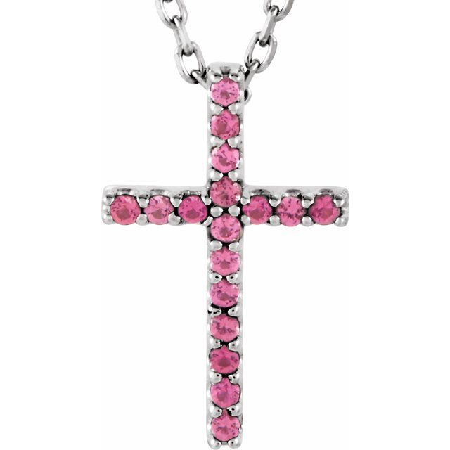 14k-white-natural-pink-tourmaline-petite-cross-16"-necklace