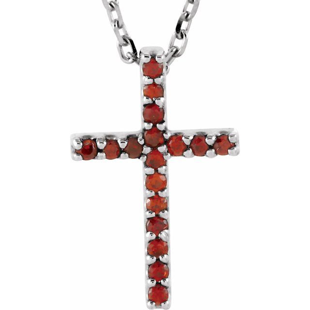 14k-white-natural-mozambique-garnet-petite-cross-16"-necklace