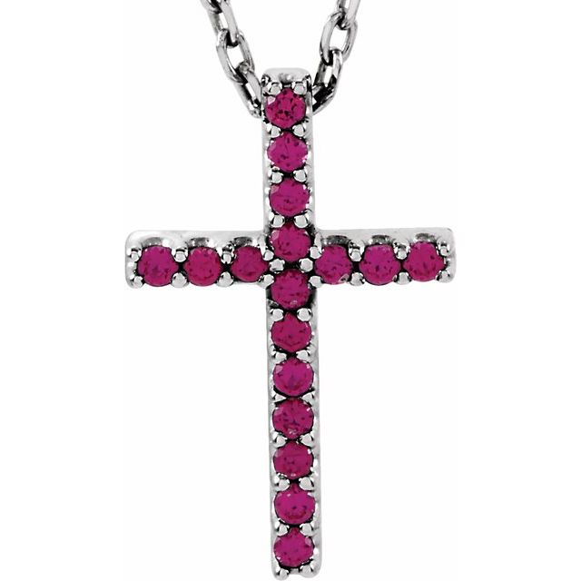 14k-white-natural-ruby-petite-cross-16"-necklace