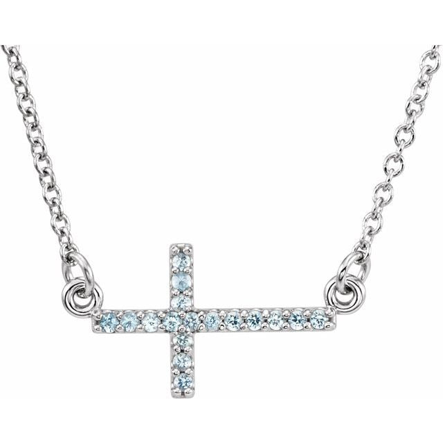 14k-white-natural-aquamarine-sideways-cross-16-18"-necklace
