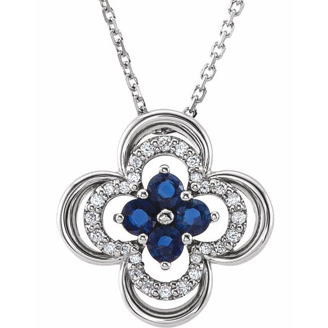 14k-white-lab-grown-blue-sapphire-&-.08-ctw-natural-diamond-clover-18"-necklace