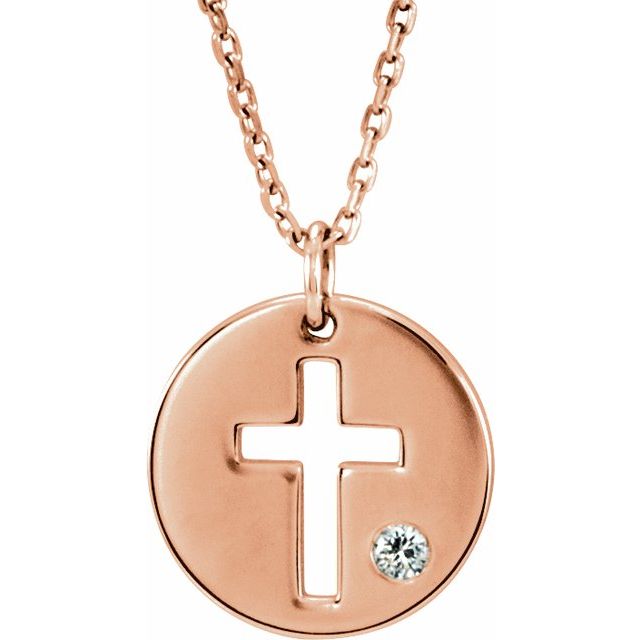 14k-rose-.03-ct-natural-diamond-pierced-cross-disc-16-18"-necklace