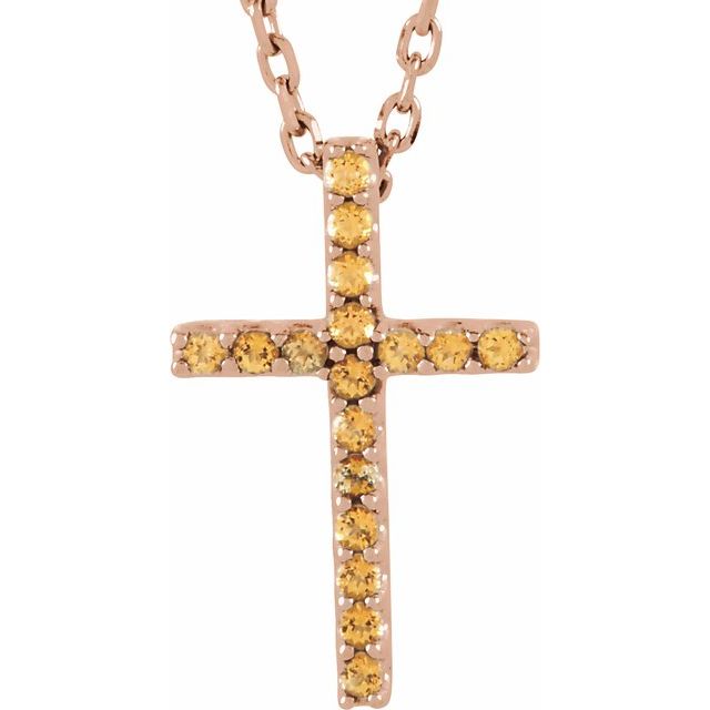 14k-rose-natural-yellow-sapphire-petite-cross-16"-necklace