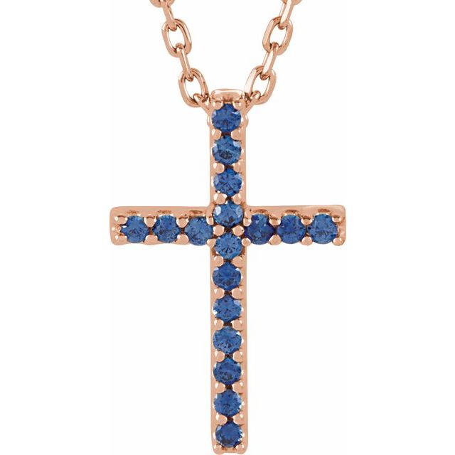 14k-rose-natural-blue-sapphire-petite-cross-16"-necklace