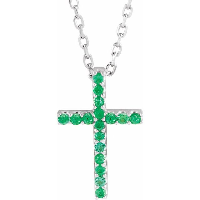 14k-white-natural-emerald-petite-cross-16"-necklace