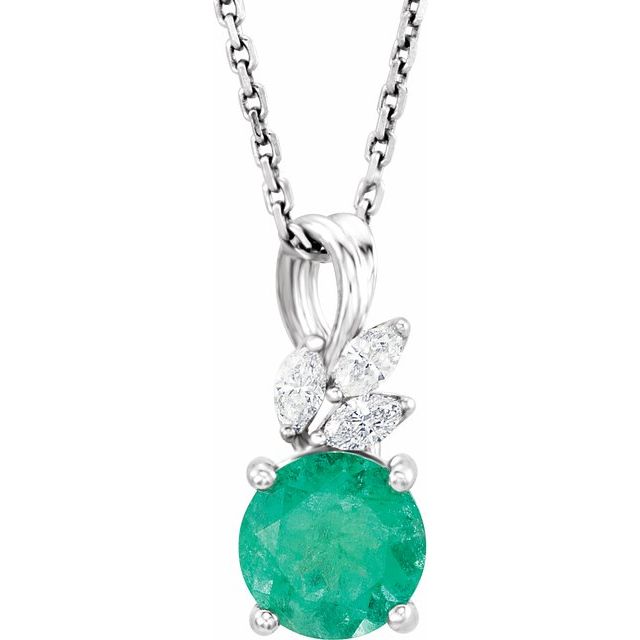 14k-white-lab-grown-emerald-&-1/10-ctw-natural-diamond-16-18"-necklace
