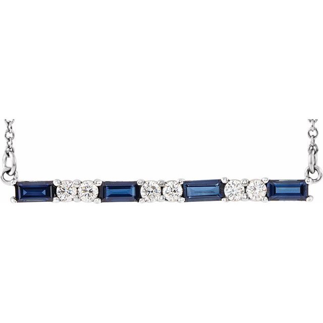 14k-white-lab-grown-blue-sapphire-&-1/6-ctw-natural-diamond-bar-16-18"-necklace