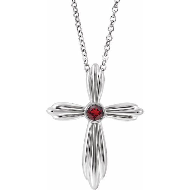 14k-white-natural-mozambique-garnet-cross-16-18"-necklace