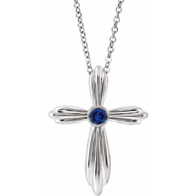 14k-white-lab-grown-blue-sapphire-cross-16-18"-necklace