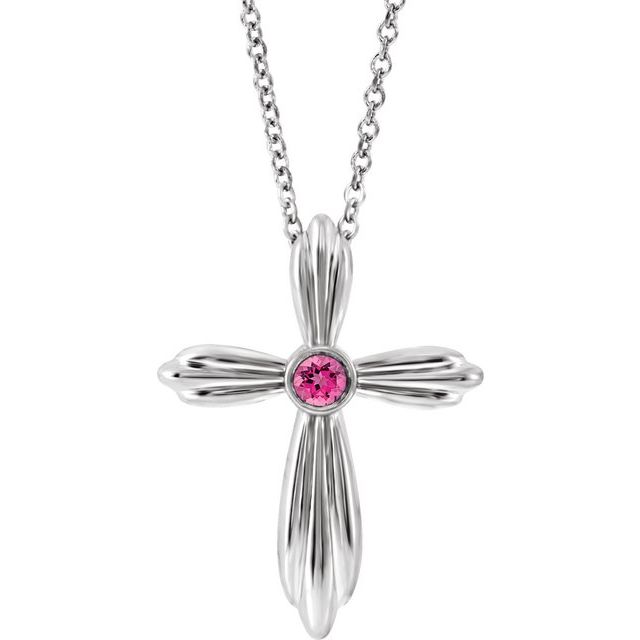 14k-white-natural-pink-tourmaline-cross-16-18"-necklace