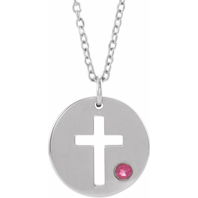 sterling-silver-imitation-pink-tourmaline-pierced-cross-disc-16-18"-necklace