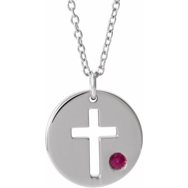 sterling-silver-imitation-ruby-pierced-cross-disc-16-18"-necklace