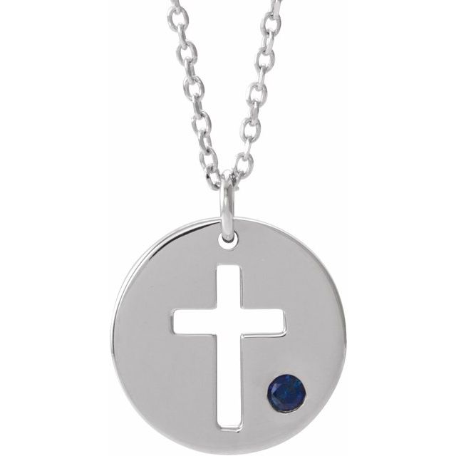 14k-white-natural-sapphire-pierced-cross-disc-16-18"-necklace