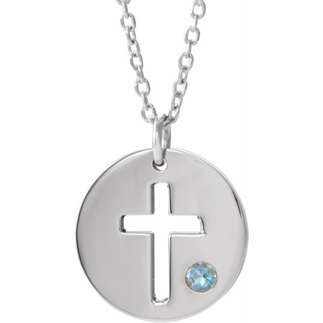 sterling-silver-imitation-aquamarine-pierced-cross-disc-16-18"-necklace