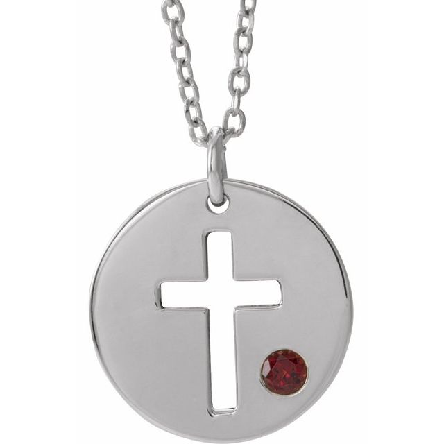 14k-white-natural-garnet-pierced-cross-disc-16-18"-necklace