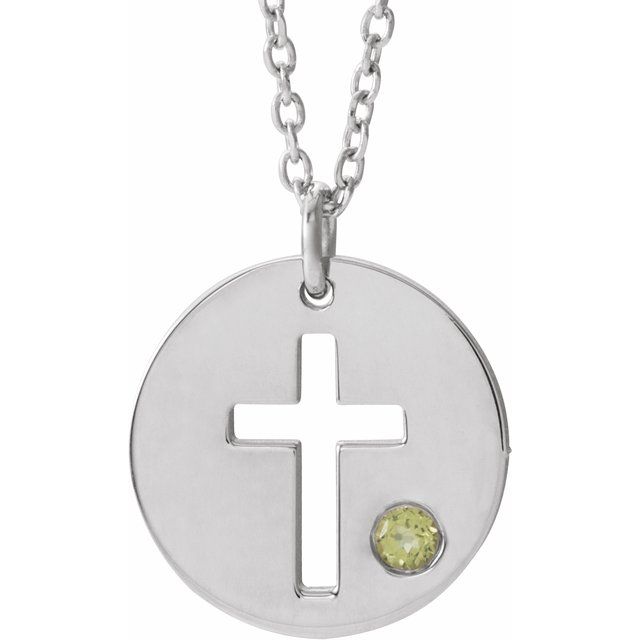 14k-white-natural-peridot-pierced-cross-disc-16-18"-necklace