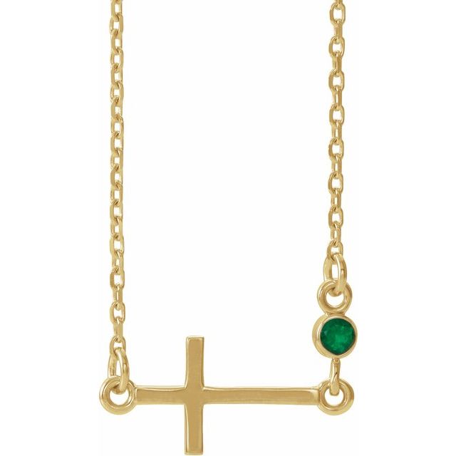 14k-yellow-natural-emerald-sideways-cross-16-18"-necklace