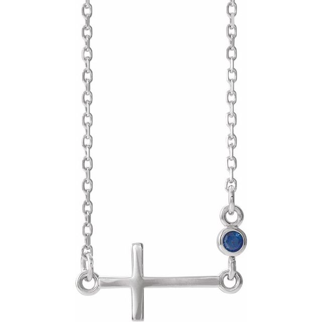 14k-white-lab-grown-blue-sapphire-sideways-cross-16-18"-necklace