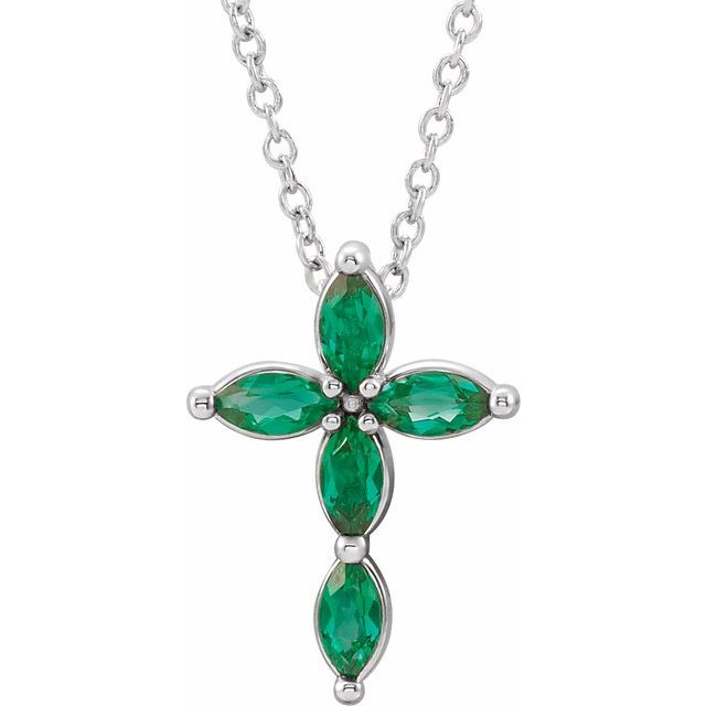 14k-white-natural-emerald-cross-16-18"-necklace