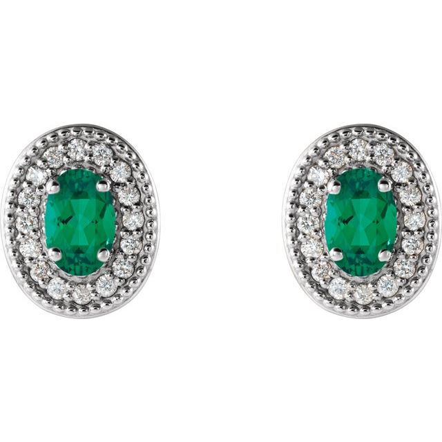 14k-white--natural-emerald-&-1/8-ctw-natural-diamond-halo-style-earrings