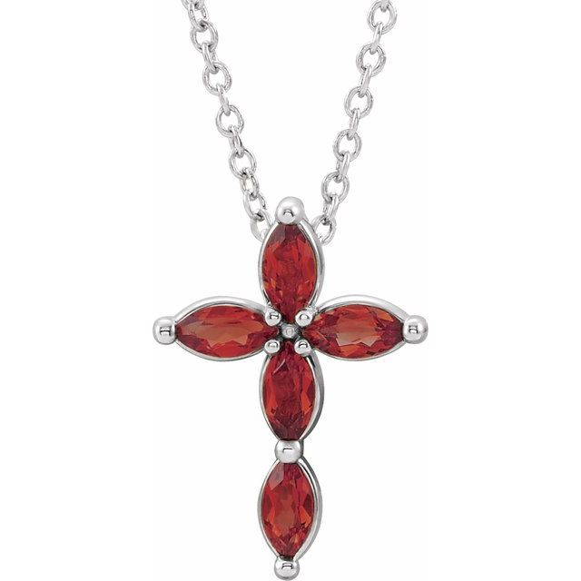 14k-white-natural-mozambique-garnet-cross-16-18"-necklace