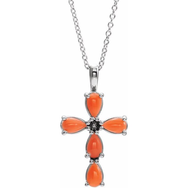 14k-white-natural-pink-coral-cabochon-cross-16-18"-necklace