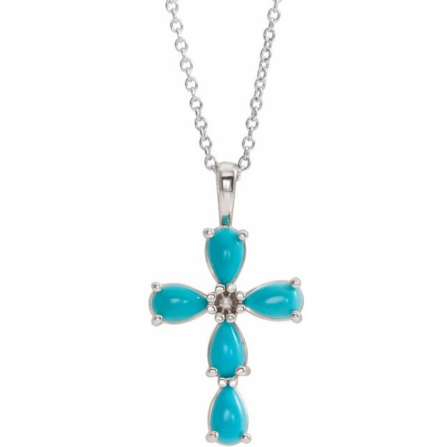 14k-white-natural-turquoise-cabochon-cross-16-18"-necklace