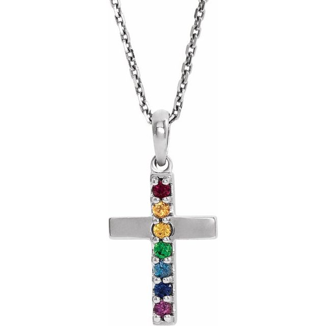 14k-white-natural-multi-gemstone-cross-16-18"-necklace