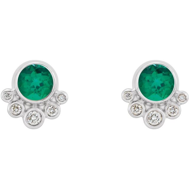 14k-white-lab-grown-emerald-&-1/8-ctw-natural-diamond-earrings