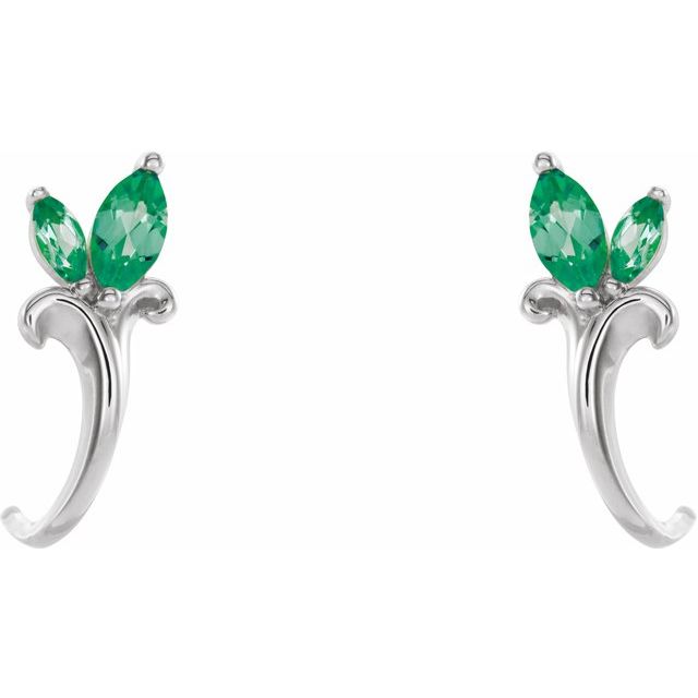 14k-white-lab-grown-emerald-floral-j-hoop-earrings