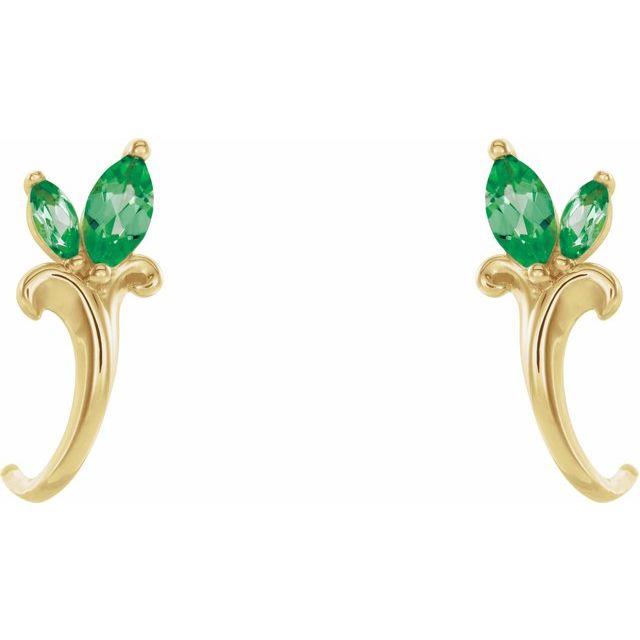 14k-yellow-natural-emerald-floral-j-hoop-earrings
