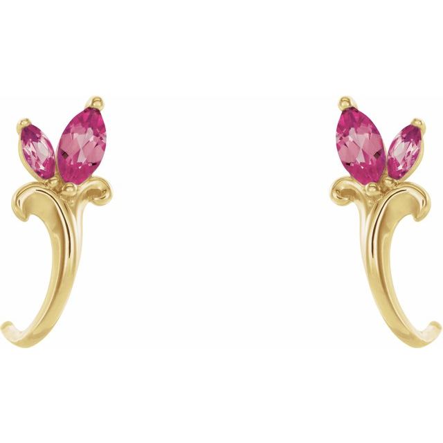 14k-yellow-natural-pink-tourmaline-floral-j-hoop-earrings
