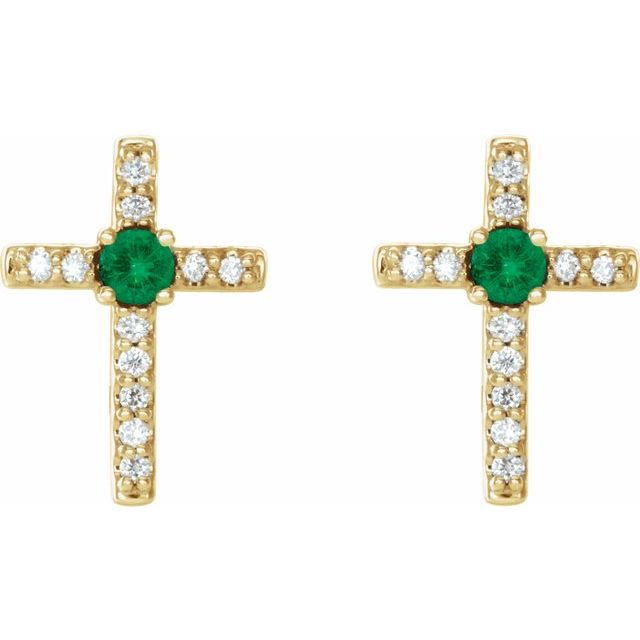 14k-yellow-natural-emerald-&-.05-ctw-natural-diamond-cross-earrings