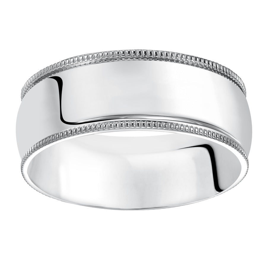 Classic styling is infused into this low-dome, comfort fit wedding band design featuring a high polished finish with delicate milgrain detailing.