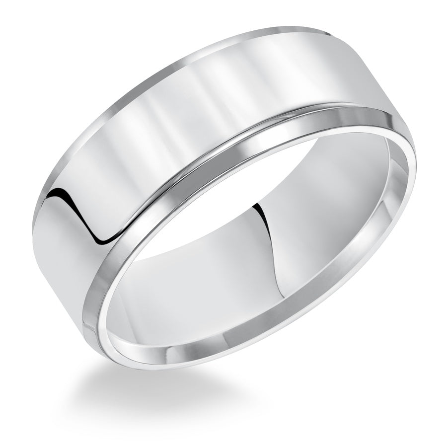 This comfort fit wedding band is crisp and contemporary featuring a high polished beveled edge design.