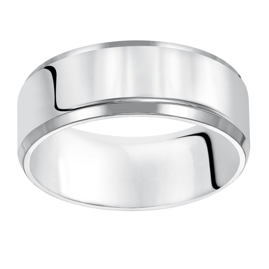 This comfort fit wedding band is crisp and contemporary featuring a high polished beveled edge design.