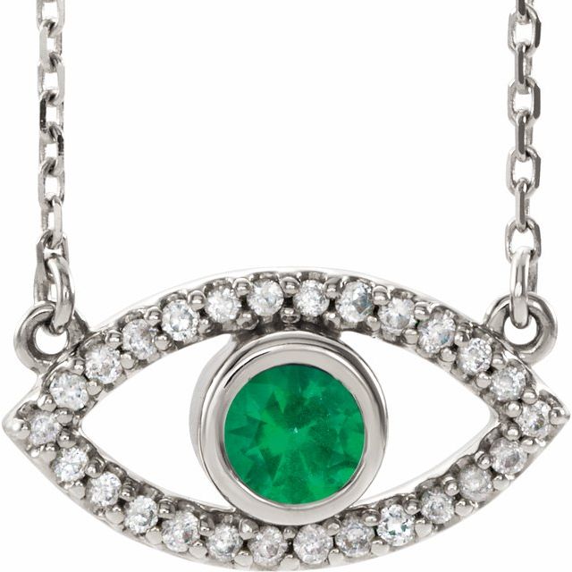 sterling-silver-natural-emerald-&-natural-white-sapphire-evil-eye-16"-necklace