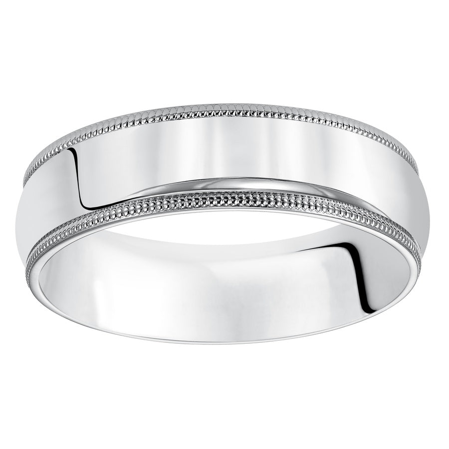 Classic styling is infused into this low-dome, comfort fit wedding band design featuring a high polished finish with delicate milgrain detailing.