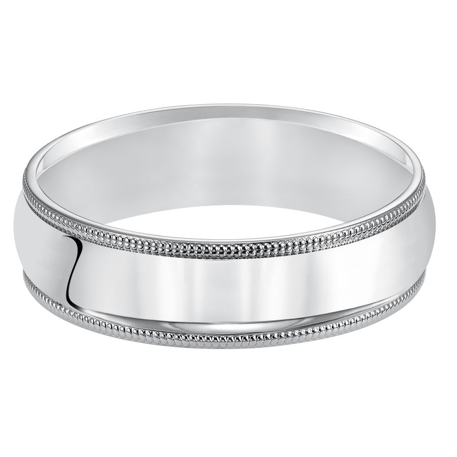Classic styling is infused into this low-dome, comfort fit wedding band design featuring a high polished finish with delicate milgrain detailing.