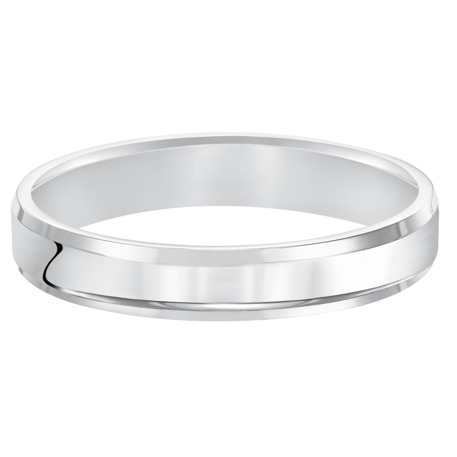 This comfort fit wedding band is crisp and contemporary featuring a high polished beveled edge design.