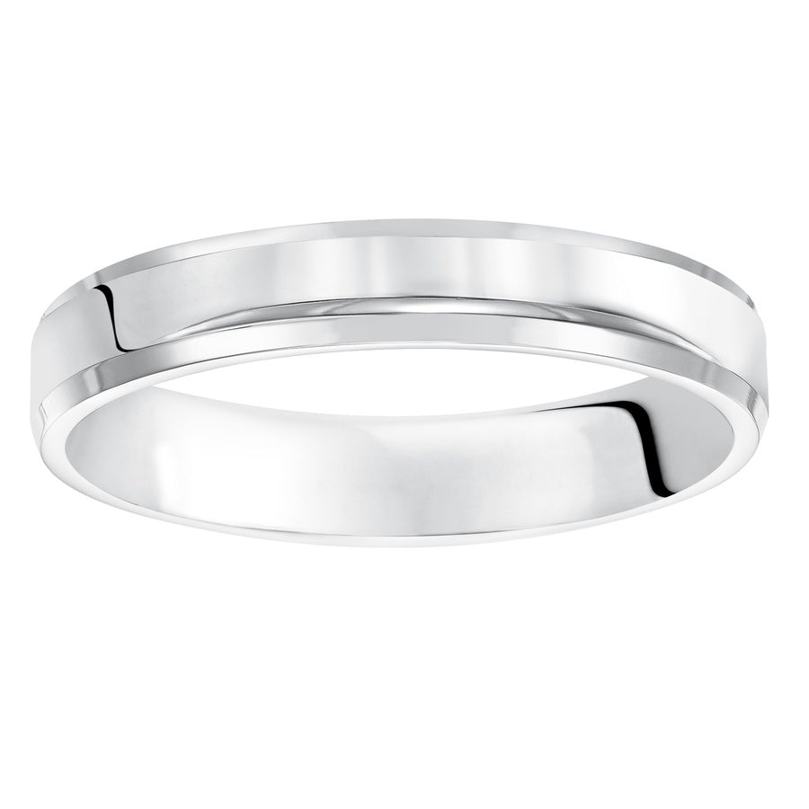 This comfort fit wedding band is crisp and contemporary featuring a high polished beveled edge design.